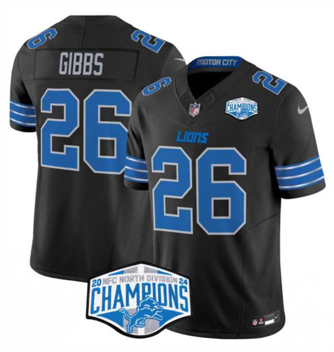 Mens Detroit Lions #26 Jahmyr Gibbs Black 2024 NFC North Champions F.U.S.E. Vapor Limited Stitched Jersey